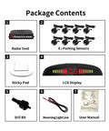 Package contents of Eight Ultrasonic Parking Radar System with LED Distance Display and Audible Beep Warning in black finish.