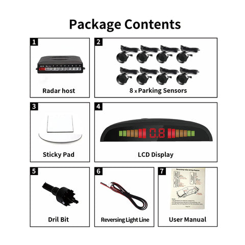 Package contents of Eight Ultrasonic Parking Radar System with LED Distance Display and Audible Beep Warning in black finish.