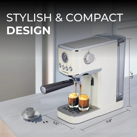 Game Changer 20 Bar Espresso Maker With Dependable Steam Wand And Silky Milk Frother For Brewing Hot Or Iced Coffee On The Regular Zero Hassle Cold Brew Mode Roomy Removable Water Tank And Polished Stainless Finish on kitchen counter.