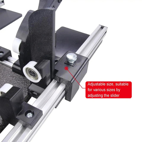 Manual Box Folding Tool With Adjustable Size Folding Fixture For Shipping Boxes, A Real Packaging Game Changer That Is Easy To Use, Built With Durable Aircraft-Grade Aluminum Frame And Fiber Reinforced Polymer Parts, For Various Industries. Adjustable slider detail.