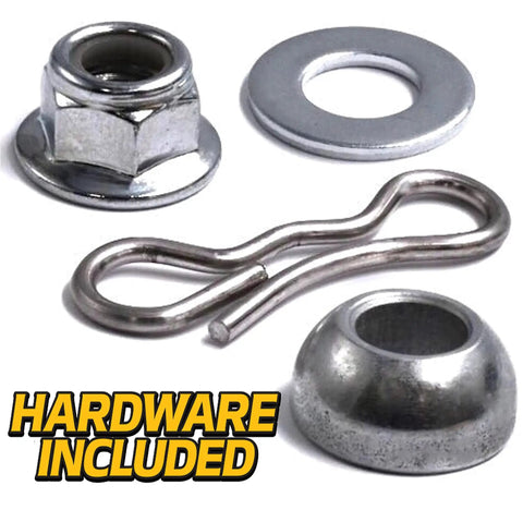 Rock Solid Switch Deck Lift Hanger Arm Kit Built Tough Out Of Zinc Plated 4130 Steel hardware components including nut, washer, and pin.