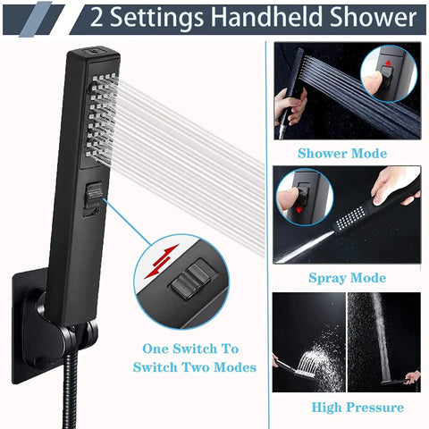 10 Inch High Pressure Rain Shower Head With 11 Inch Adjustable Extension Arm And 3 Settings Handheld Shower, Powerful Spray For Low Water Pressure, Long Hose, 304 Stainless Steel With Black Finish, Includes Filter And Washer