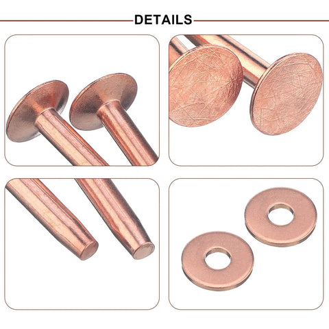 Close-up of 200 Pcs Copper Rivets And Burrs Washers Leather Fastener Kit showing copper rivet and washer details