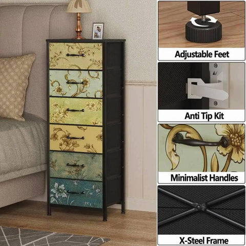 Tall 6-Drawer Dresser with Vintage Style Fabric Bins, Sturdy Metal Frame and Wood Top in bedroom setting
