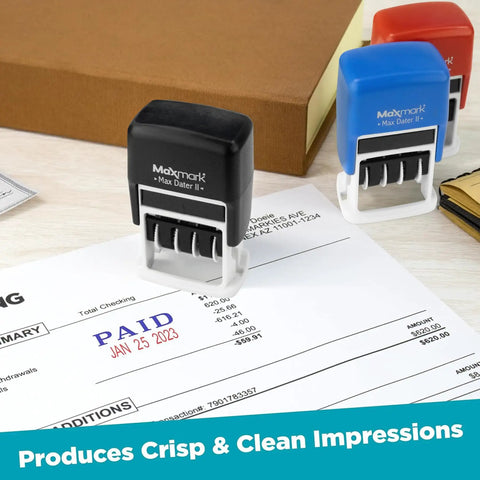Top Shelf Self Inking Date Stamp For Office Desk With Smooth As Butter Rolling Feel And Crisp Red Ink Stamps Featuring Twelve Year Enduring Bands on an invoice.