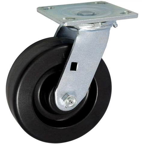 Heavy Duty Industrial Casters With Six Inch Phenolic Wheels And Four Swivel Mounts For Smooth Rolling Loads Up To 4800 Lbs Per Set individual caster with black phenolic wheel and metal swivel mount.