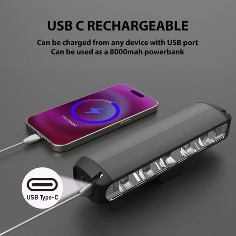 Lit Ultra Bright 2600 Lumen Bike Light Set for Night Riding with USB C charging connected to a smartphone, showing charging capability.