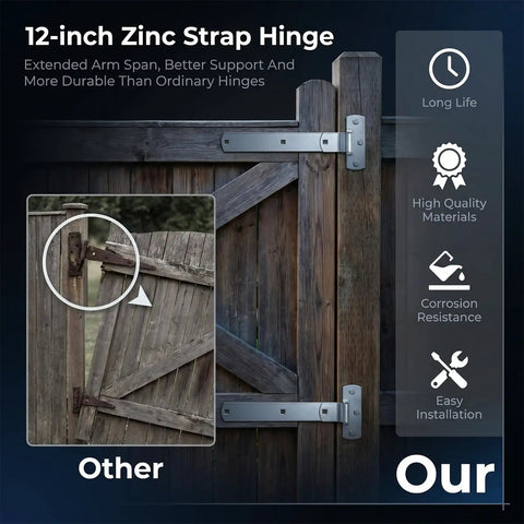 Four Pack 12 Inch Stainless Steel Strap Hinges Heavy Duty Gate Hardware For Sheds Barns And Swing Doors Silver Finish on a wooden gate.