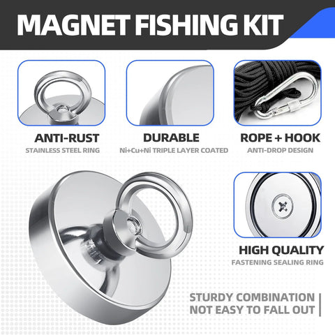 Magnet fishing kit with a 2.4-inch neodymium magnet, stainless steel ring, and rope with a hook