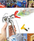 Airless Paint Spray Gun With 517 Tip And Swivel Joint, 3600 PSI High Pressure, shown in hand, silver finish, triggering spray