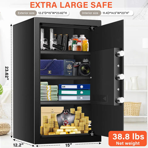 Beefy Extra Large Home Safe With Digital Keypad 5 Cu Ft Capacity Tall 23.6 Inch Safe Box open, showing contents and shelves