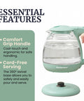 Elite Gourmet Mint Glass Electric Kettle 1L BPA-Free Fast Boil Cordless With Auto Shut Off showing ergonomic handle and base.
