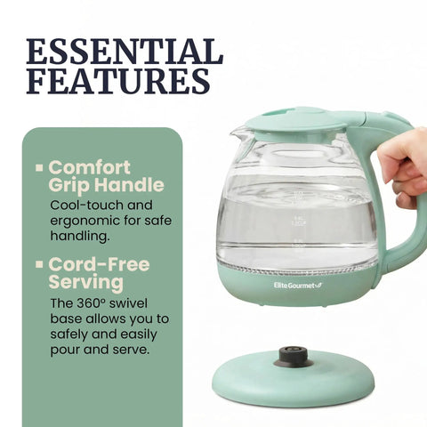 Elite Gourmet Mint Glass Electric Kettle 1L BPA-Free Fast Boil Cordless With Auto Shut Off showing ergonomic handle and base.