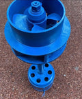 Top view of 1000W Axial Flow Hydro Generator for Outdoor Use, blue durable aluminum shell, visible turbine blades.