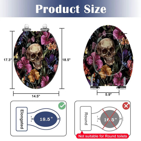 Elongated Resin Toilet Seat for Bathroom size comparison showing measurements and design with floral skull pattern.