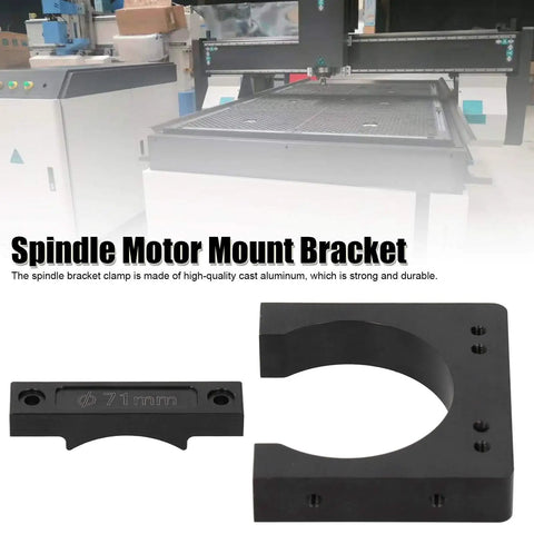 Beefy Aluminum 71mm Shaft Spindle Motor Clamp with M5 nut connector shown with CNC router background