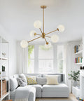Six Light Modern Sputnik Chandelier Set With Milk Glass Globes For Kitchen Island Pendant Lighting In Gold White Brushed Brass Finish