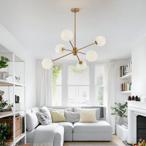 Six Light Modern Sputnik Chandelier Set With Milk Glass Globes For Kitchen Island Pendant Lighting In Gold White Brushed Brass Finish