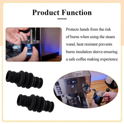 Two Pack Steam Wand Rubber Cover Finger Guard Sleeve With 6 mm Opening Fits Gaggia Classic And Rancilio Silvia V1 And V2 Espresso Steam Arms Keeps Hands Safe From Burns During Frothing And Steaming, shown in use and close-up.