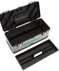 Heavy Duty Steel Tool Box With Metal Latches, Removable Tray With Compartments, 20 Inch Black Storage Chest Open View