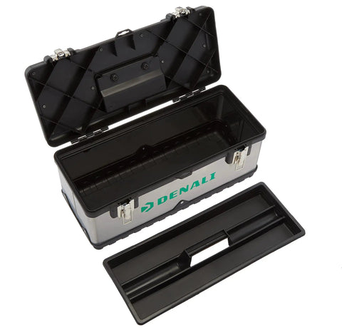 Heavy Duty Steel Tool Box With Metal Latches, Removable Tray With Compartments, 20 Inch Black Storage Chest Open View