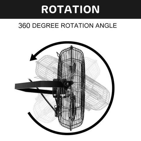360-degree rotation of the 24 Inch Industrial Wall Mount Fan With 3 Speed Beastly High Velocity Air Delivery Up To 7600 CFM