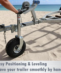 Beach boat trailer tongue jack, side view, silver with bolt-on swivel mount and 13.38-inch heavy-duty wheel.