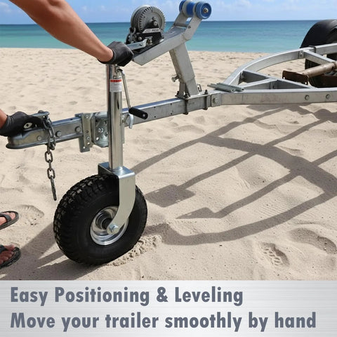 Beach boat trailer tongue jack, side view, silver with bolt-on swivel mount and 13.38-inch heavy-duty wheel.