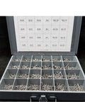 Open metal tray of Pan Head Sheet Metal Screw Assortment In 18 8 Stainless Steel With Metal Tray Hardware Fastener Kit Set RV9314S.