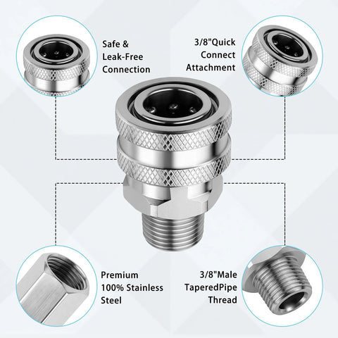 Senlinyu 3/8 in stainless steel pressure washer quick-connect adapter kit, 4-piece set with NPT threads