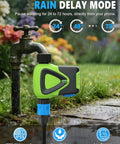 Smart Hose Timer No Hub Required With App Remote Control For Garden And Lawn Alexa And Google Voice Control Rain Delay IP55 Waterproof 2 4 GHz WiFi Connection No Hub Setup Easy Outdoor Watering attached to outdoor faucet in rain delay mode.