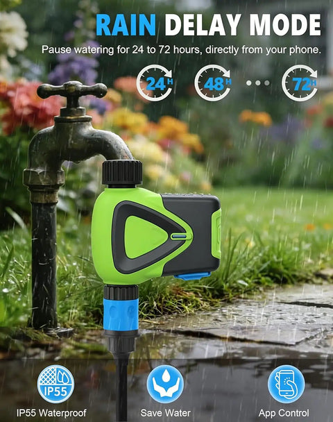 Smart Hose Timer No Hub Required With App Remote Control For Garden And Lawn Alexa And Google Voice Control Rain Delay IP55 Waterproof 2 4 GHz WiFi Connection No Hub Setup Easy Outdoor Watering attached to outdoor faucet in rain delay mode.
