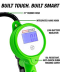 Close-up of Pro Grade Digital Tire Inflator With Gauge and LCD Display showing features like 21-inch hose and low-battery indicator.