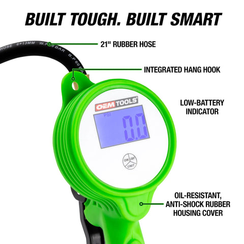 Close-up of Pro Grade Digital Tire Inflator With Gauge and LCD Display showing features like 21-inch hose and low-battery indicator.