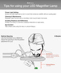 Guide for ESD Safe Glass Lens Magnifying Lamp With Clamp use, showing optimal spacing and user positioning for 8 Diopter magnification.