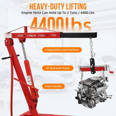 Badass Heavy Duty Folding Hydraulic Engine Hoist Cherry Picker Shop Crane Two Ton Lifter showing adjustable load positions and 8T hydraulic pump.