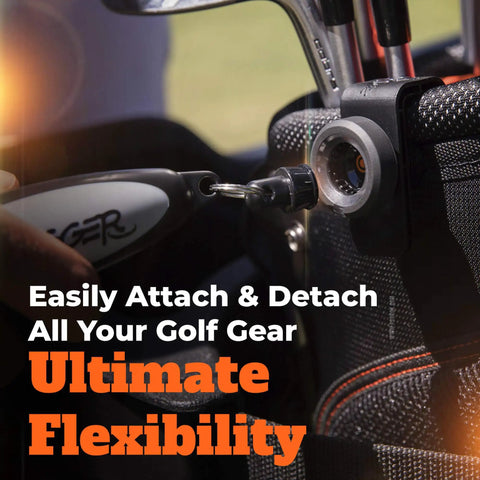 Latch It Magnetic Golf Bag Attachment System for Towels Brushes Rangefinders and More Easy Clip On Gear Holder usage example.