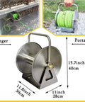 Badass Heavy Duty Stainless Steel Garden Hose Reel With Smooth Crank Handle For No Fuss Storage, 15.7 inches tall.