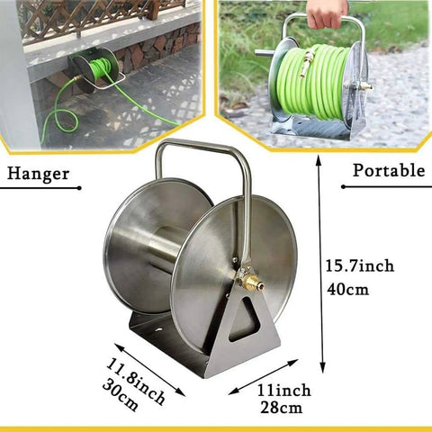 Heavy Duty Stainless Steel Garden Hose Reel With Smooth Hand Crank Rewind, portable design with dimensions shown.
