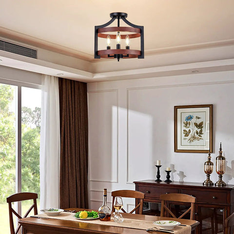Convertible Three Light Farmhouse Chandelier With Pendant Or Semi Flush Mount Ceiling Light in dining room with rustic decor