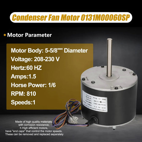 Condenser Fan Motor Replacement One Sixth Horsepower 208 to 230 V 1.5 Amp OEM Direct Fit with cable details