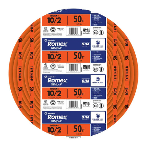SIMpull Solid Indoor NM-B Cable 10/2 With Ground Copper Wire For DIY, 50 ft coil, orange jacket, labeled for dry location use.