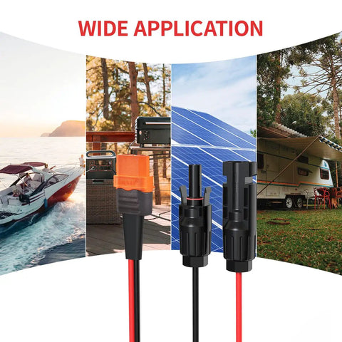 Heavy Duty 25 Foot 12AWG Solar To XT60i Cable For Portable Power Stations displayed in outdoor settings like boating and camping.