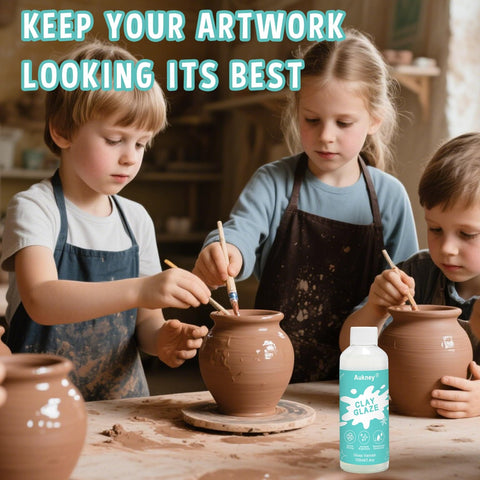 Children using Air Dry Clay Varnish Ultra Gloss Sealant Prevents Cracking And Scratches on pottery with clear coat finish.