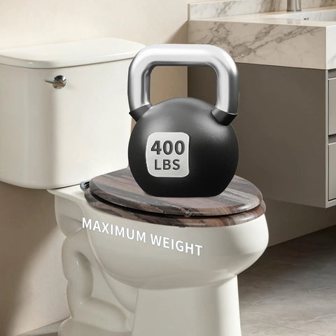 Round Wooden Toilet Seat heavy duty with Zinc Alloy Hinges, 400 lbs weight capacity shown on top.