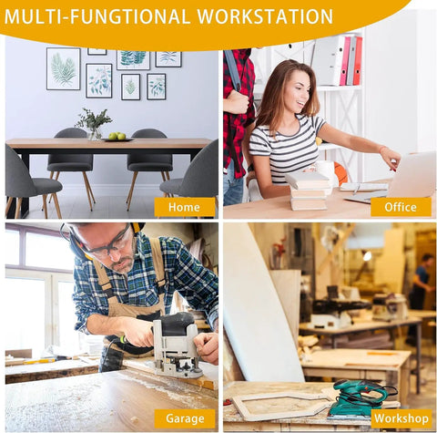 Multi-functional workstation for home office garage and workshop with people using tools at desk and in carpentry shop.