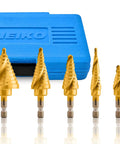 Front view of NEIKO 10173A 5-piece step drill bit set in blue case; titanium-coated gold Unibits for metal and wood