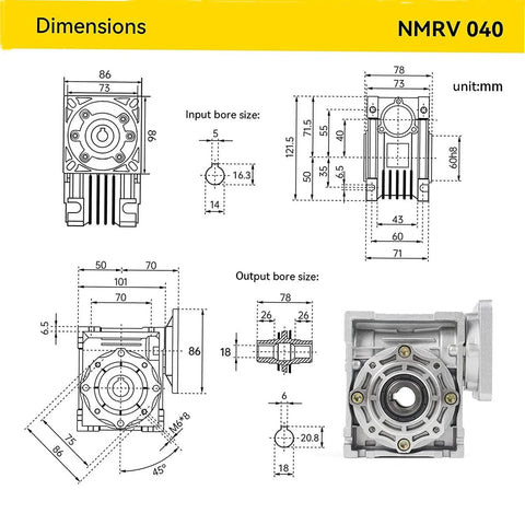 Dimensions and design of NMRV040 30:1 worm gearbox for NEMA34 motors, detailed technical illustration