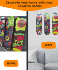 Dope Aluminum Skateboard Wall Mount Hanger With Two Screw Holes for display before and after, showing wall-mounted skateboards