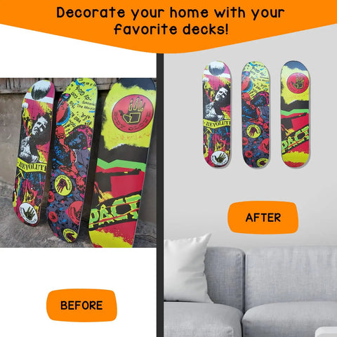 Dope Aluminum Skateboard Wall Mount Hanger With Two Screw Holes for display before and after, showing wall-mounted skateboards